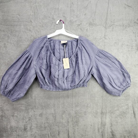 Womans Blue Universal Thread Embroidered Crop Top Balloon Sleeve V Neck Size XXL - Picture 1 of 9